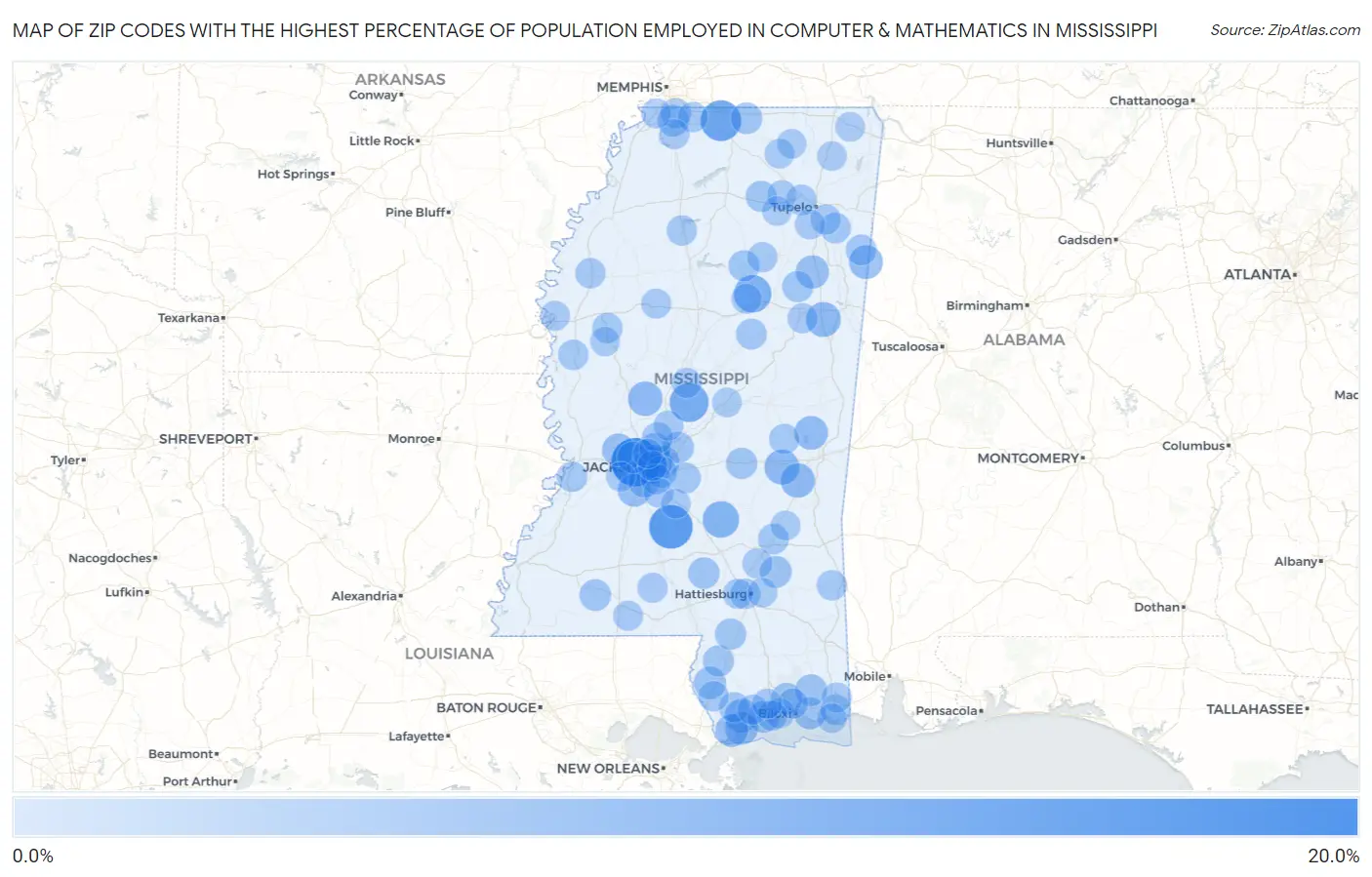 Zip Codes with the Highest Percentage of Population Employed in Computer & Mathematics in Mississippi Map