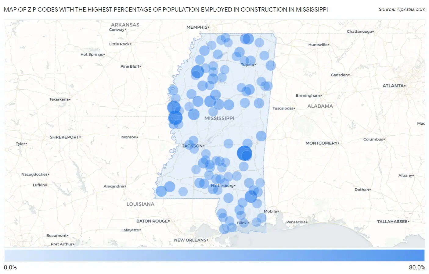 Zip Codes with the Highest Percentage of Population Employed in Construction in Mississippi Map