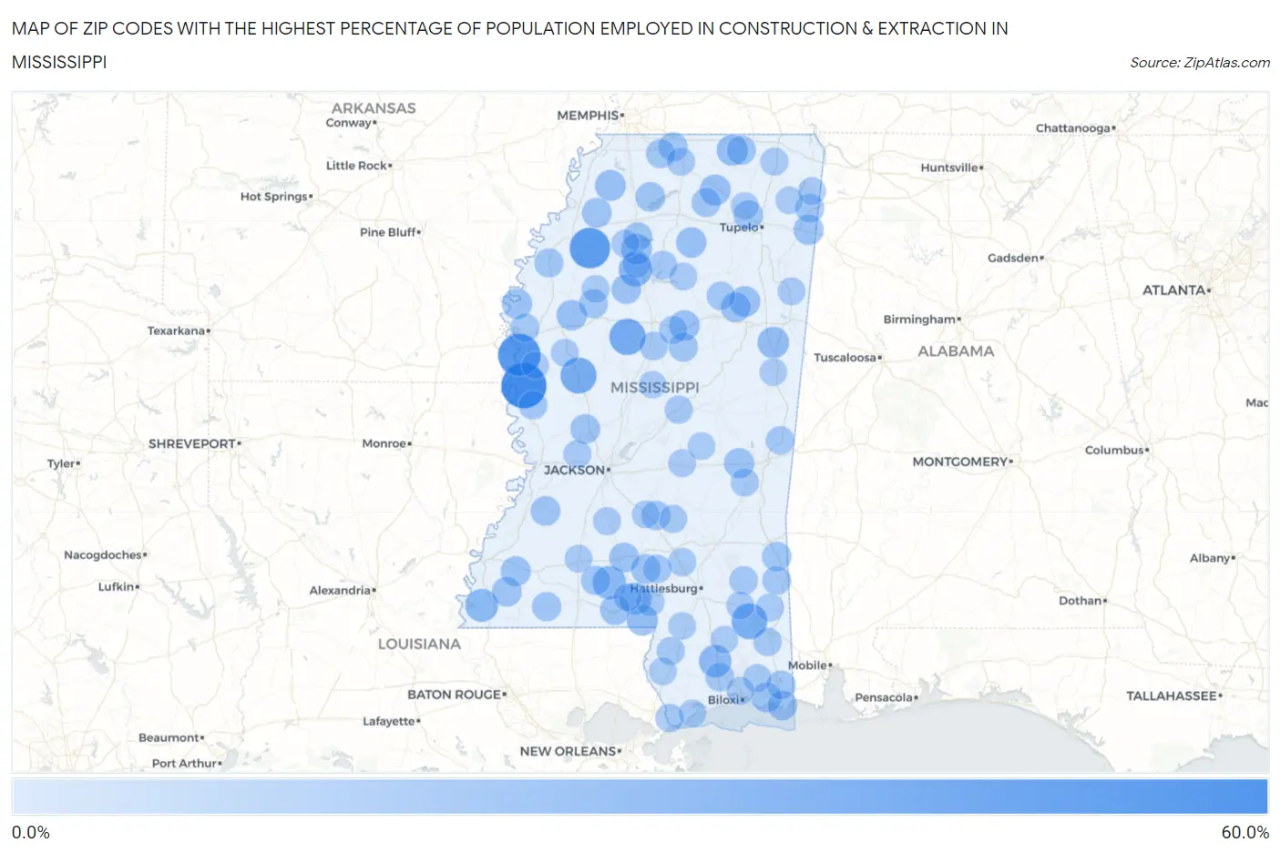 Zip Codes with the Highest Percentage of Population Employed in Construction & Extraction in Mississippi Map