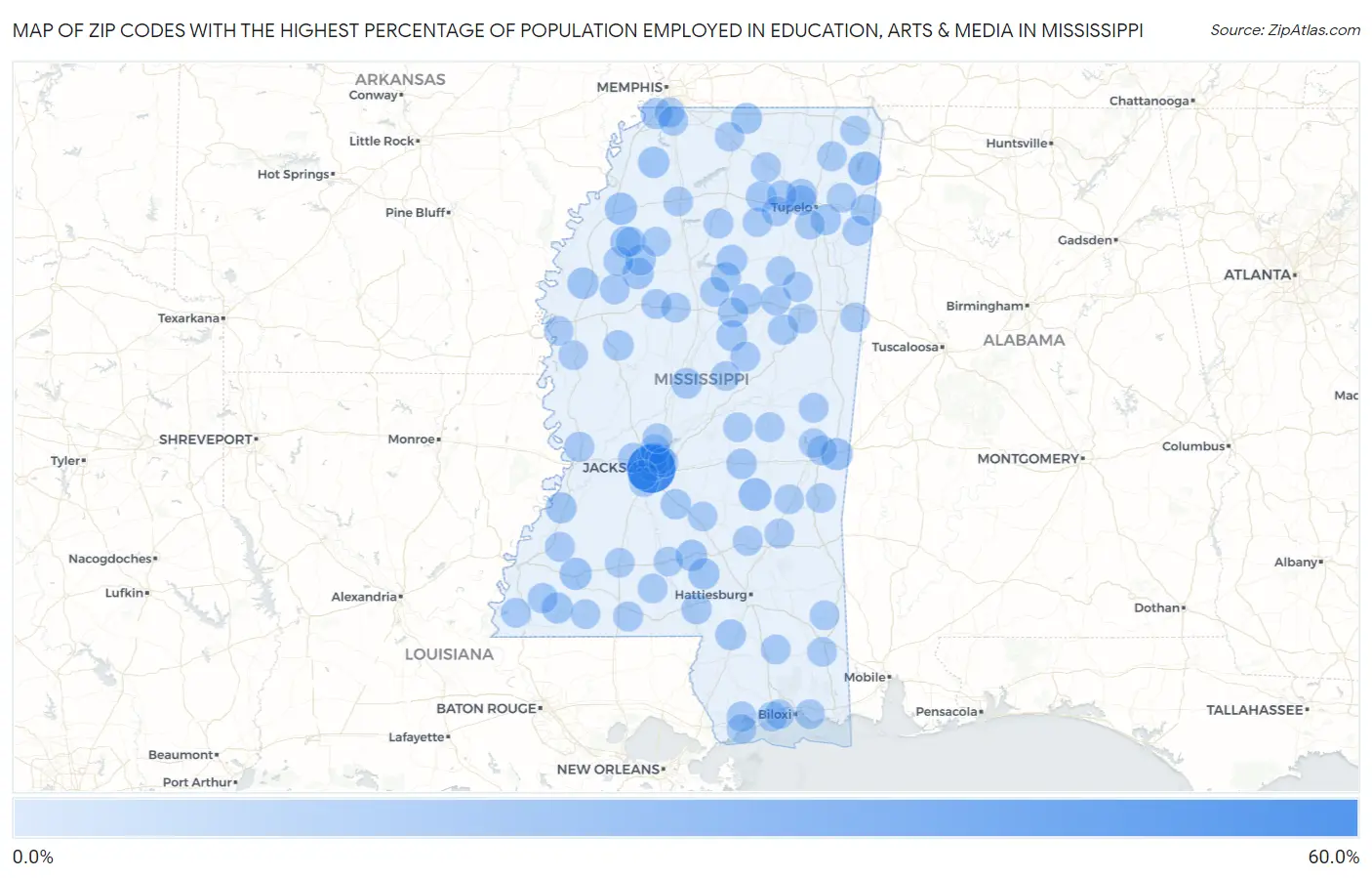 Zip Codes with the Highest Percentage of Population Employed in Education, Arts & Media in Mississippi Map