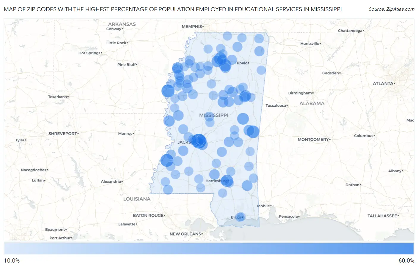 Zip Codes with the Highest Percentage of Population Employed in Educational Services in Mississippi Map