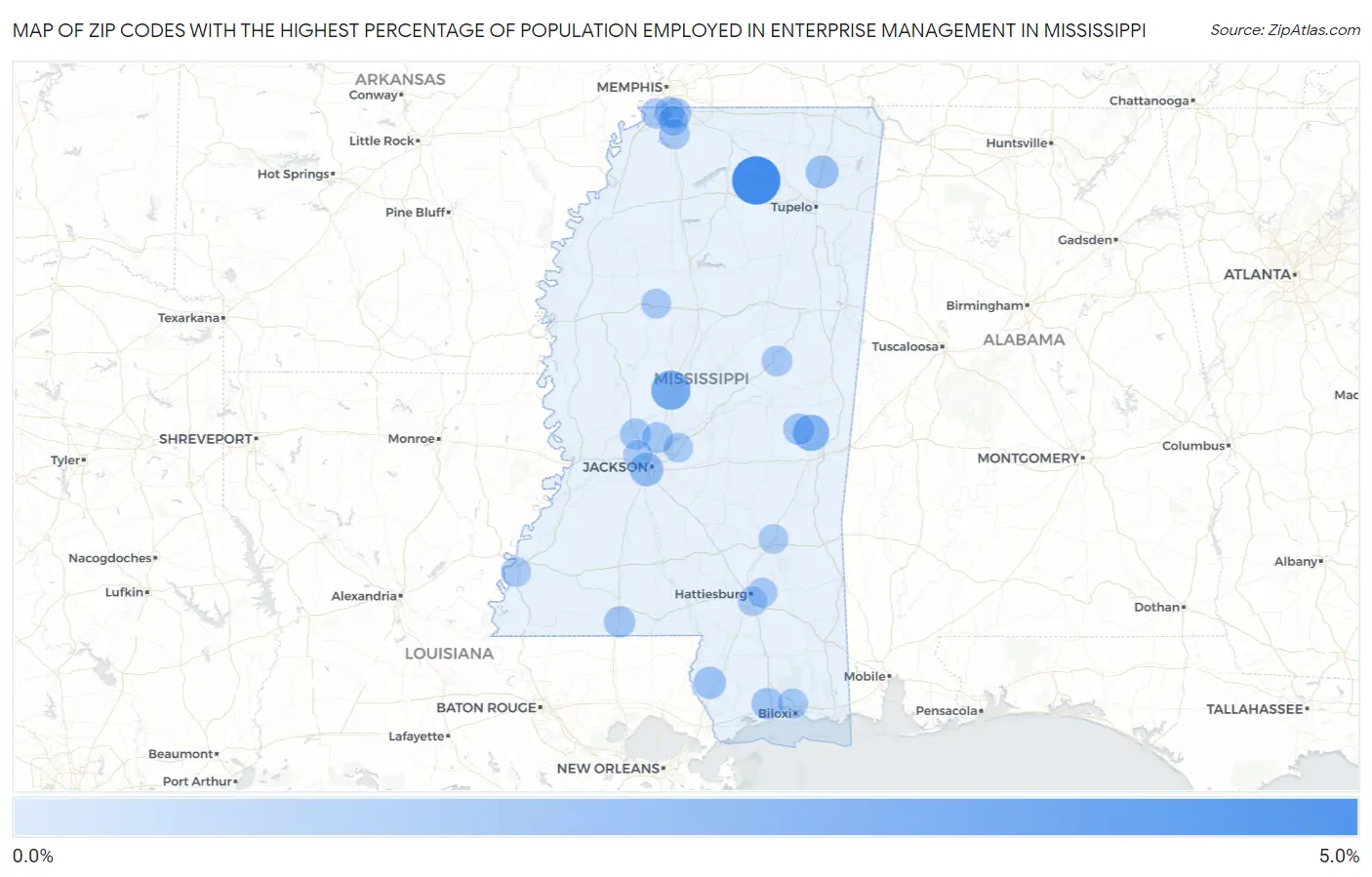 Zip Codes with the Highest Percentage of Population Employed in Enterprise Management in Mississippi Map