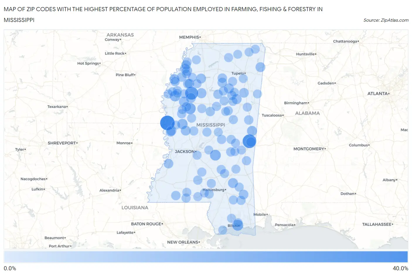 Zip Codes with the Highest Percentage of Population Employed in Farming, Fishing & Forestry in Mississippi Map