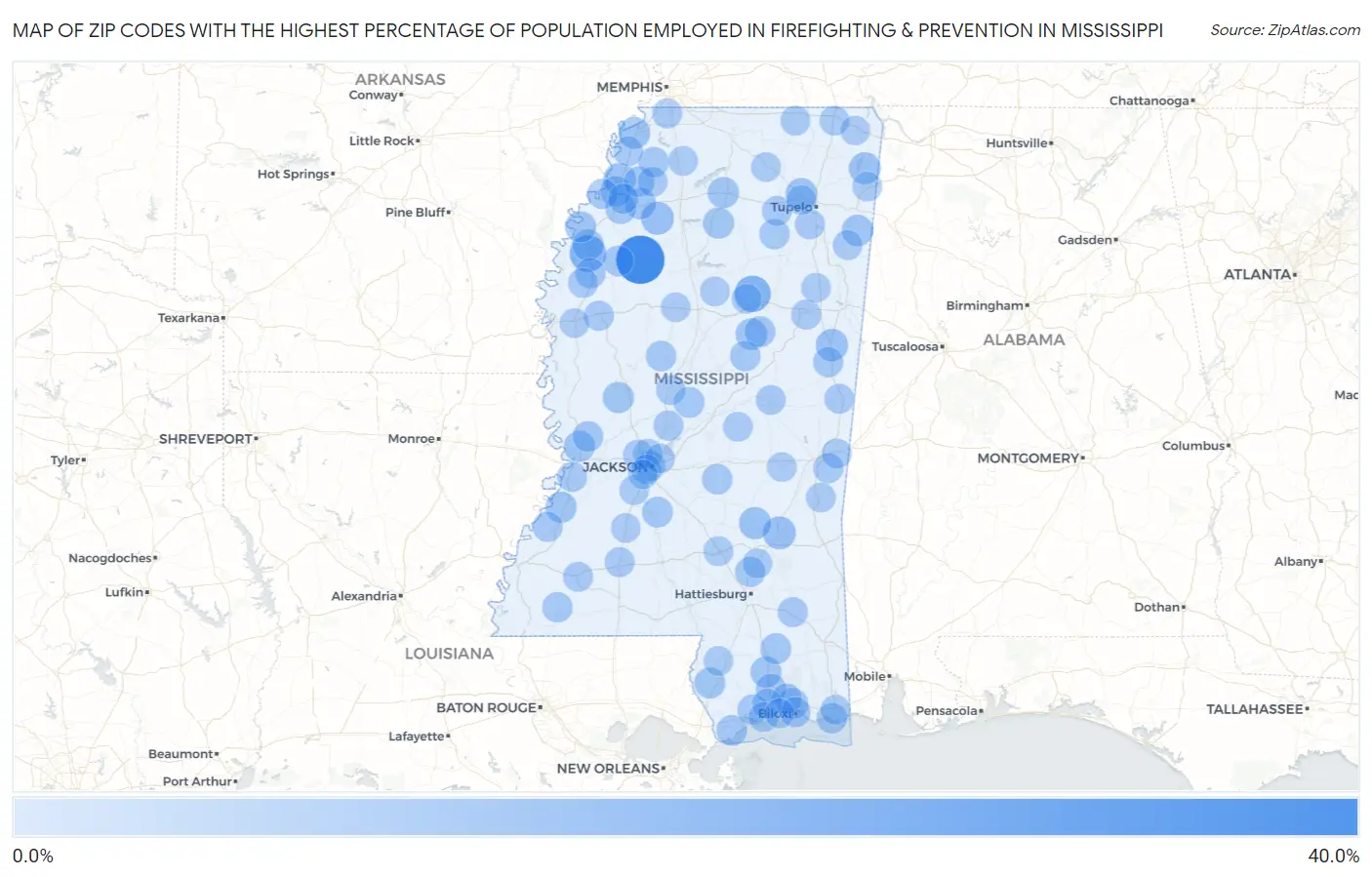 Zip Codes with the Highest Percentage of Population Employed in Firefighting & Prevention in Mississippi Map