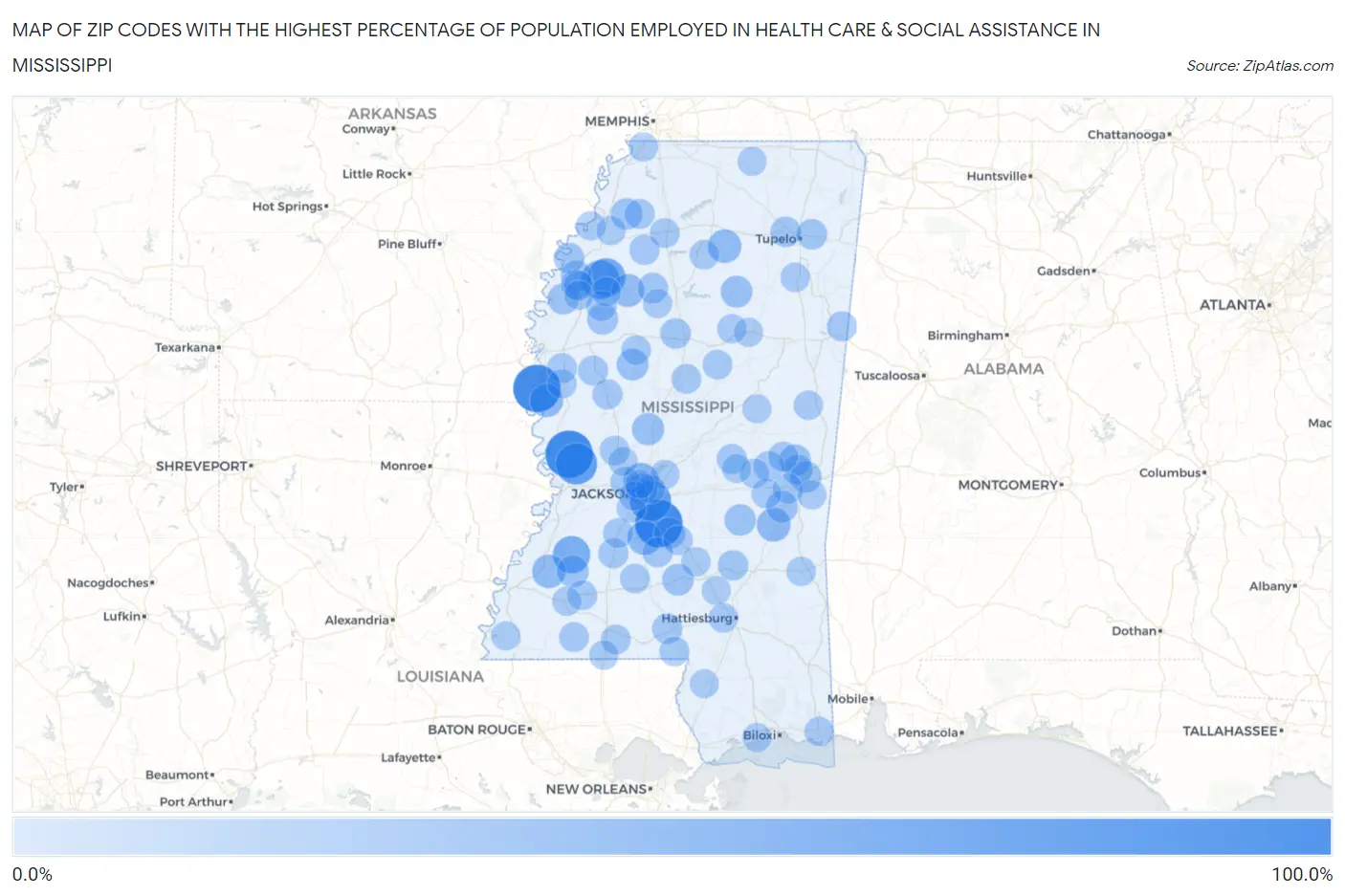 Zip Codes with the Highest Percentage of Population Employed in Health Care & Social Assistance in Mississippi Map