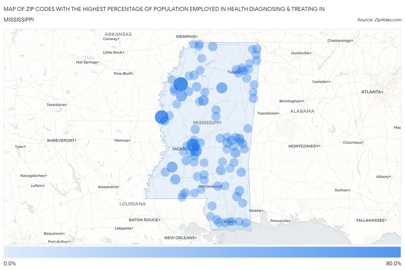 Zip Codes with the Highest Percentage of Population Employed in Health Diagnosing & Treating in Mississippi Map