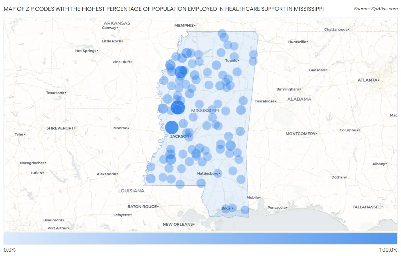 Zip Codes with the Highest Percentage of Population Employed in Healthcare Support in Mississippi Map