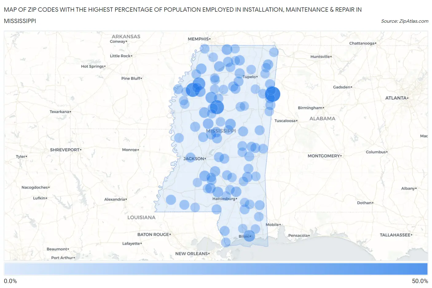 Zip Codes with the Highest Percentage of Population Employed in Installation, Maintenance & Repair in Mississippi Map