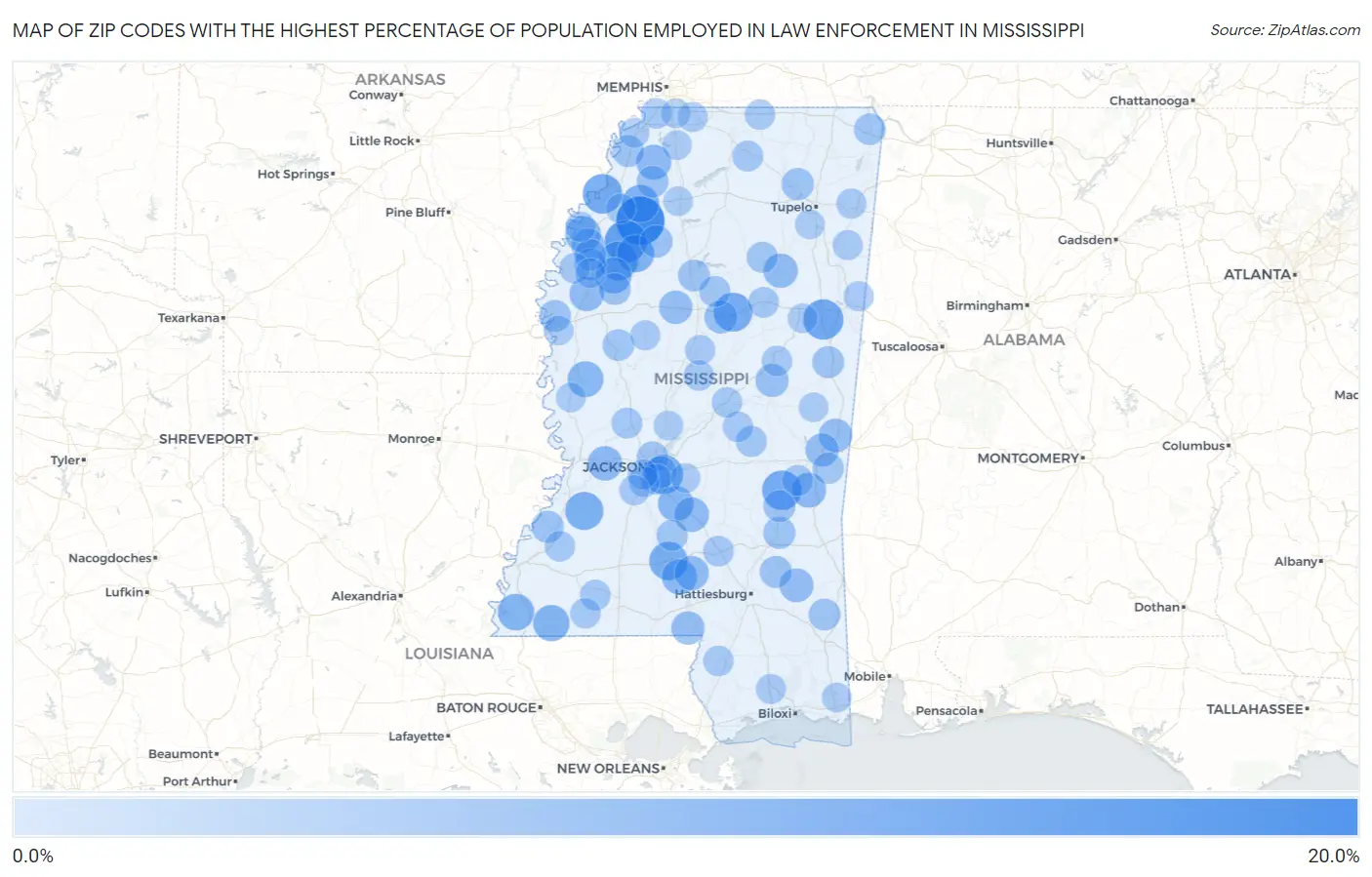 Zip Codes with the Highest Percentage of Population Employed in Law Enforcement in Mississippi Map