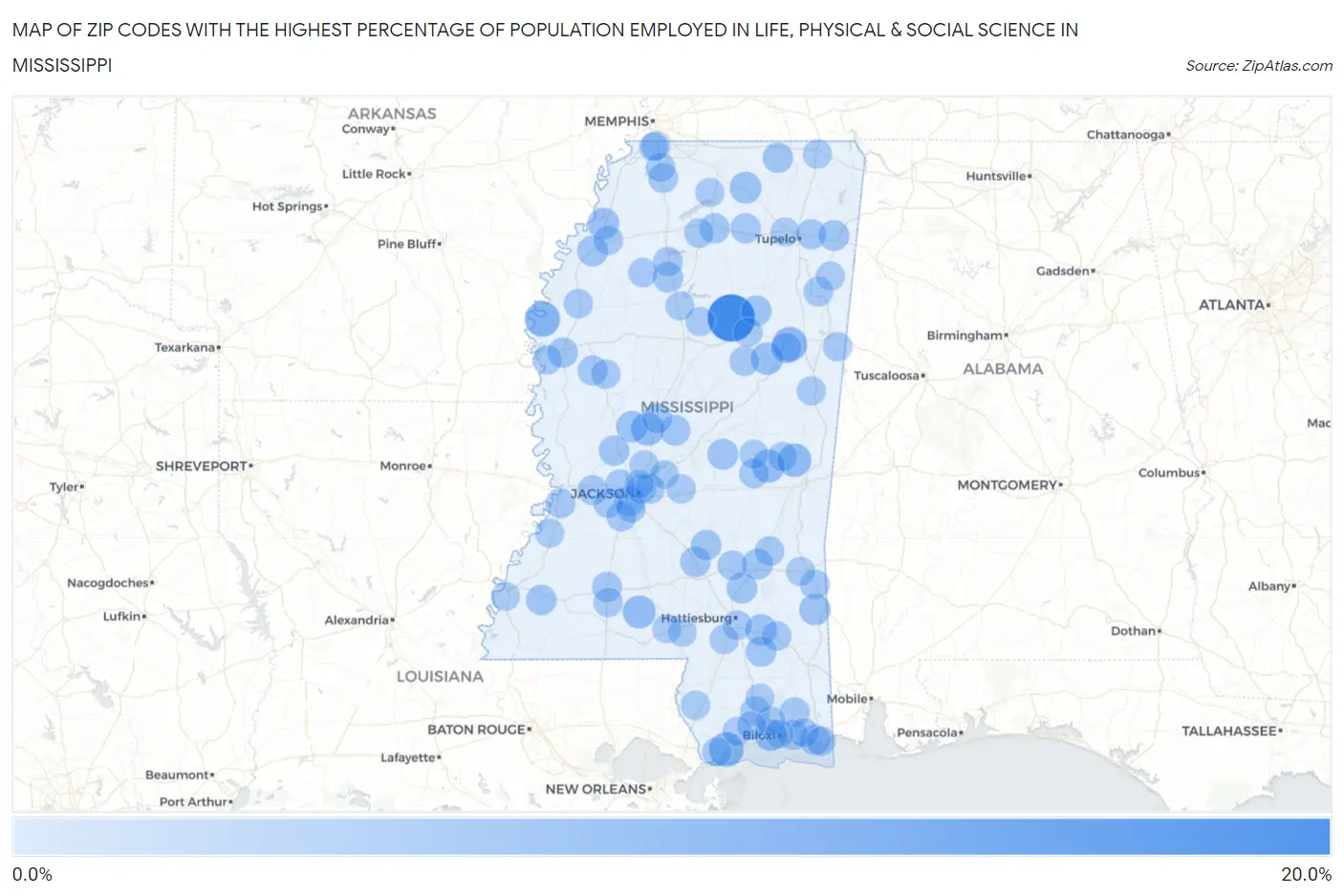 Zip Codes with the Highest Percentage of Population Employed in Life, Physical & Social Science in Mississippi Map