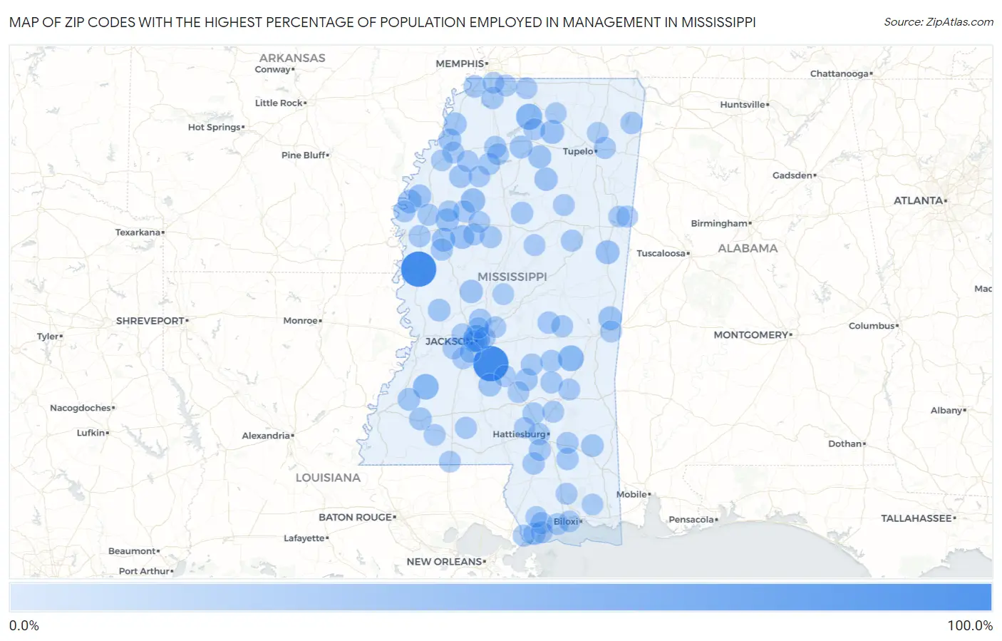 Zip Codes with the Highest Percentage of Population Employed in Management in Mississippi Map