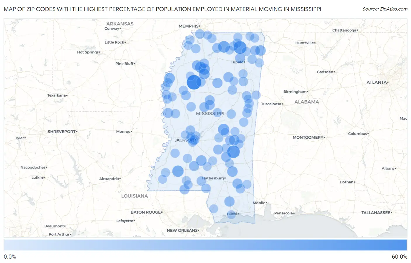 Zip Codes with the Highest Percentage of Population Employed in Material Moving in Mississippi Map