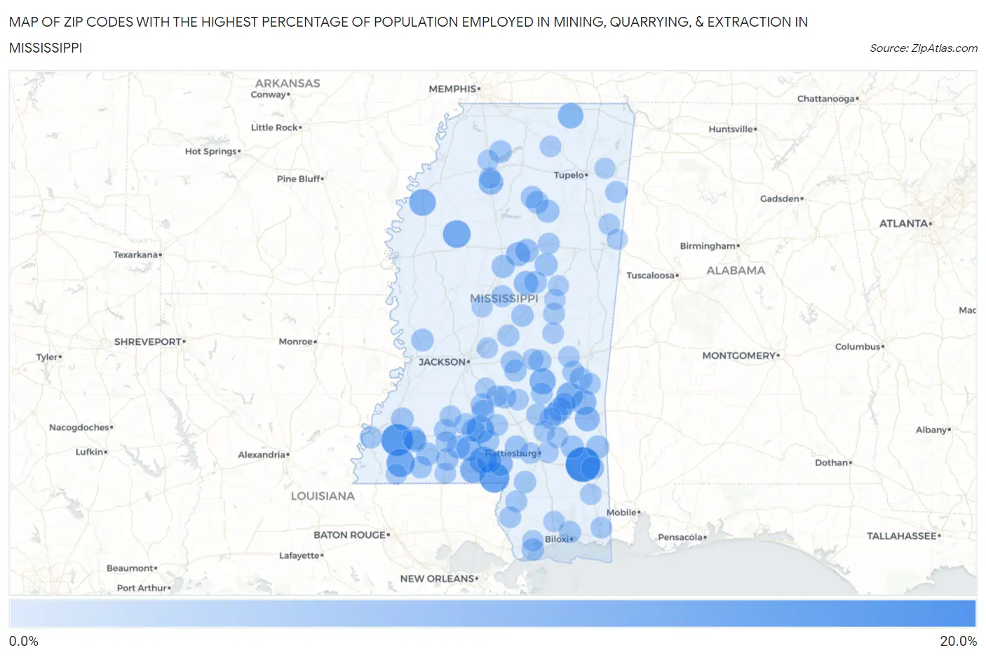 Zip Codes with the Highest Percentage of Population Employed in Mining, Quarrying, & Extraction in Mississippi Map