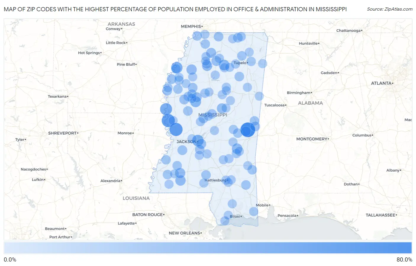 Zip Codes with the Highest Percentage of Population Employed in Office & Administration in Mississippi Map