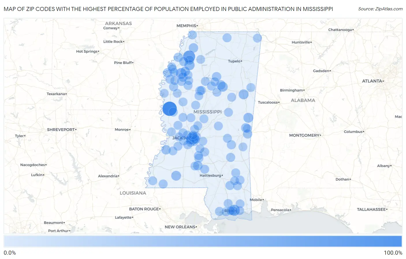 Zip Codes with the Highest Percentage of Population Employed in Public Administration in Mississippi Map