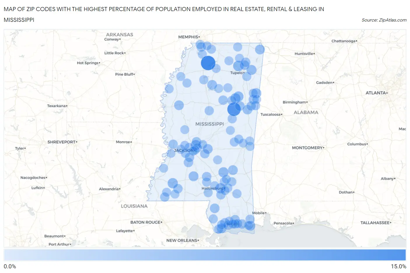Zip Codes with the Highest Percentage of Population Employed in Real Estate, Rental & Leasing in Mississippi Map