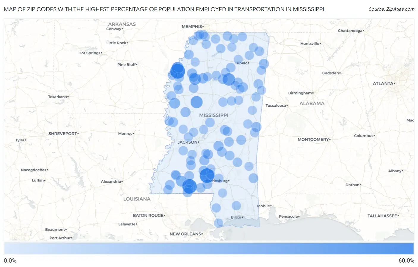 Zip Codes with the Highest Percentage of Population Employed in Transportation in Mississippi Map