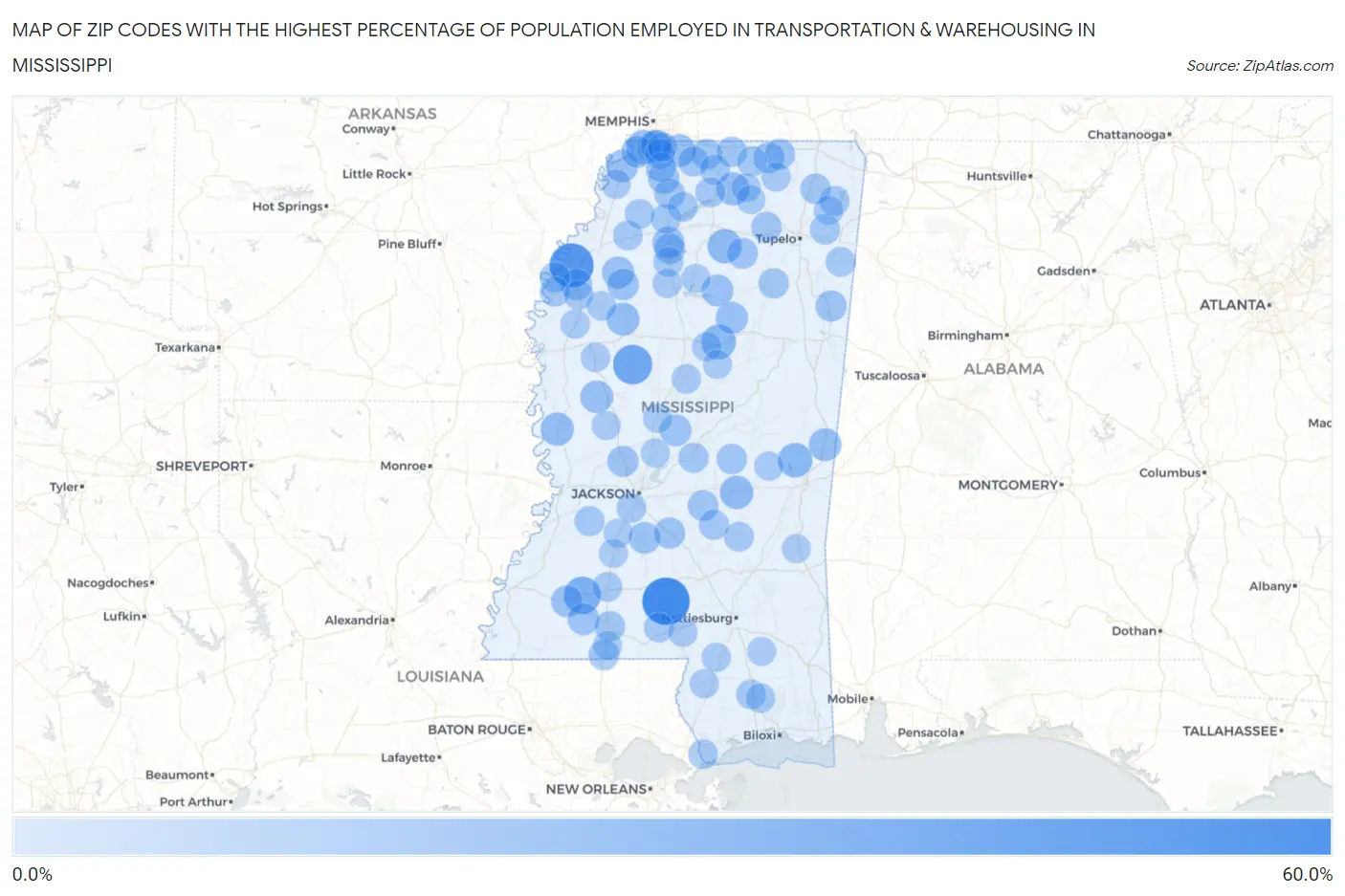 Zip Codes with the Highest Percentage of Population Employed in Transportation & Warehousing in Mississippi Map