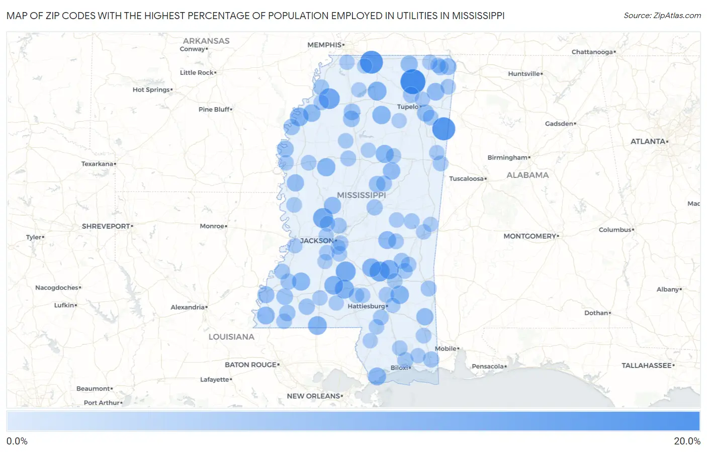 Zip Codes with the Highest Percentage of Population Employed in Utilities in Mississippi Map