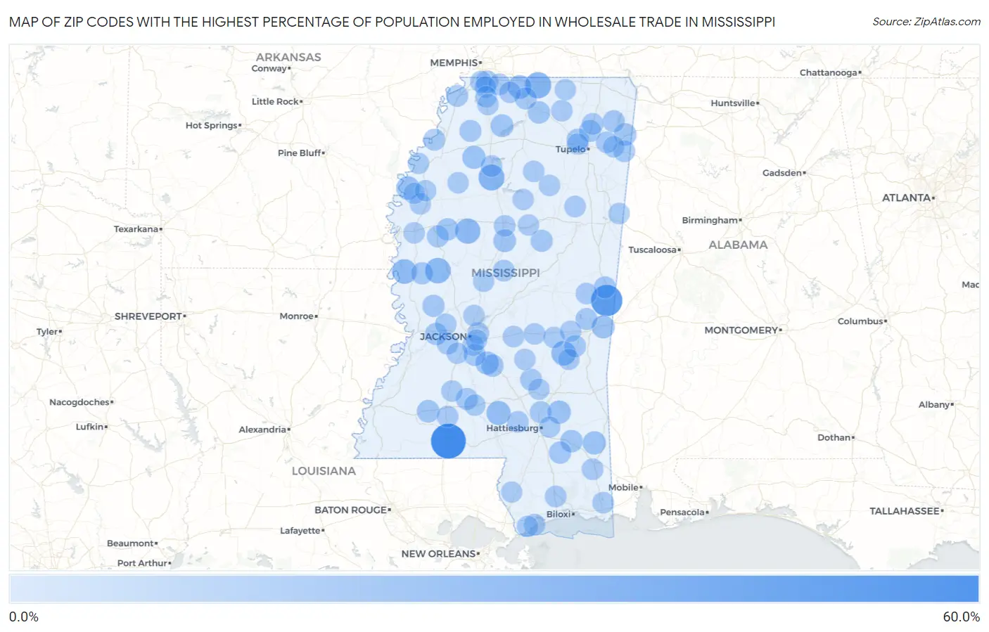 Zip Codes with the Highest Percentage of Population Employed in Wholesale Trade in Mississippi Map