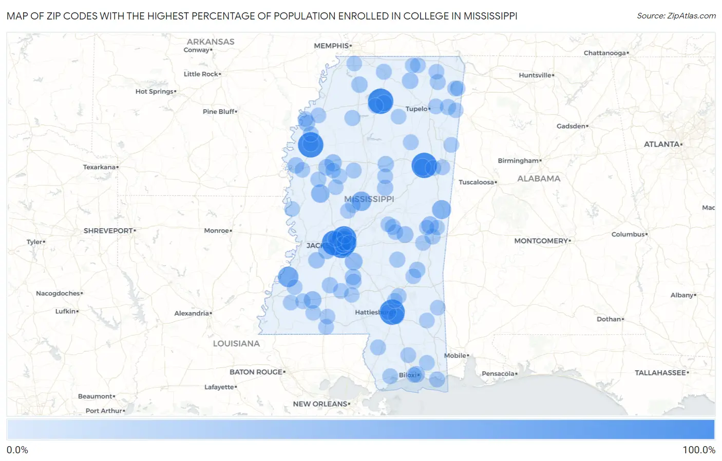 Zip Codes with the Highest Percentage of Population Enrolled in College in Mississippi Map