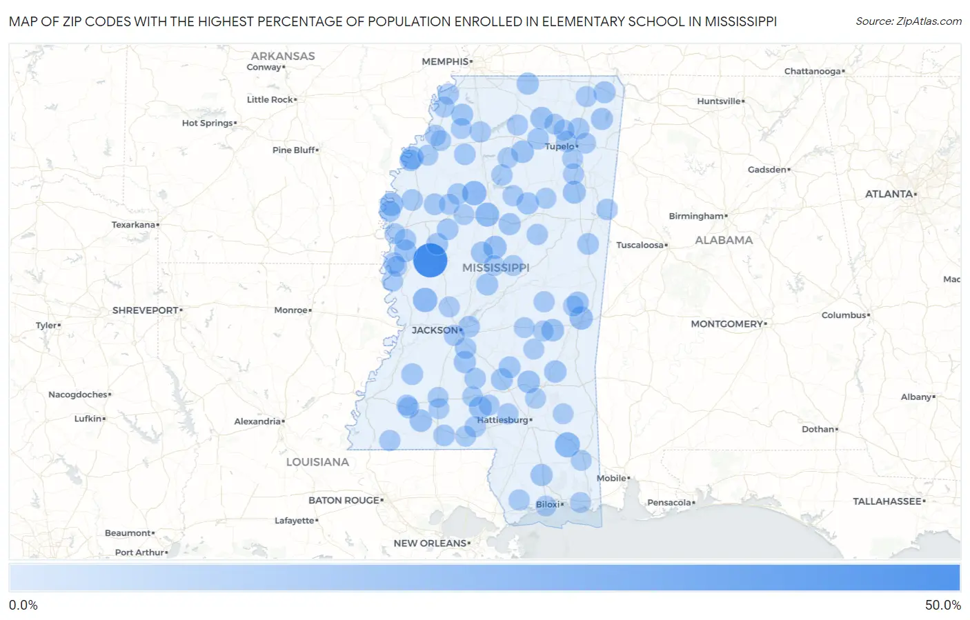 Zip Codes with the Highest Percentage of Population Enrolled in Elementary School in Mississippi Map