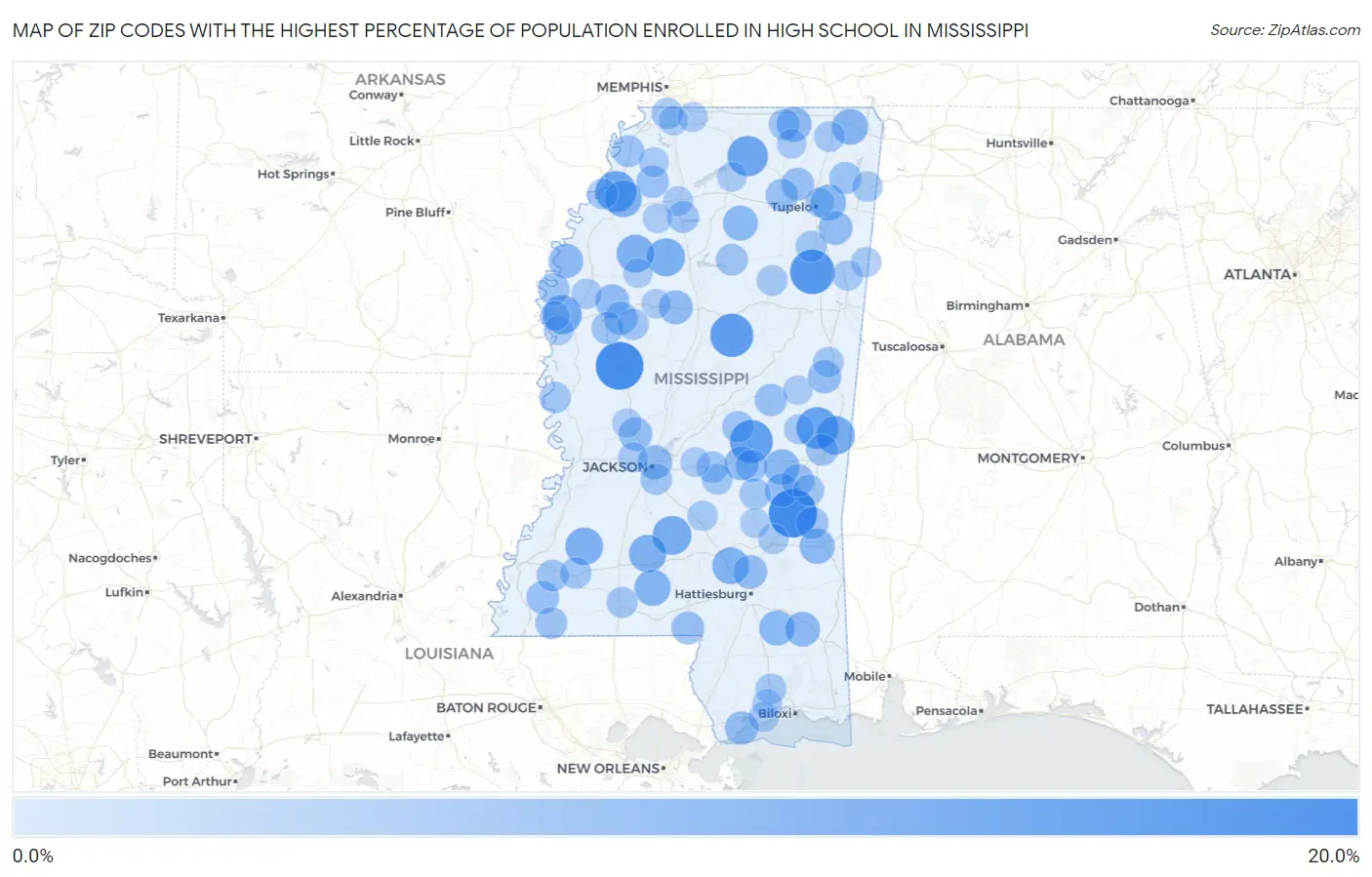 Zip Codes with the Highest Percentage of Population Enrolled in High School in Mississippi Map