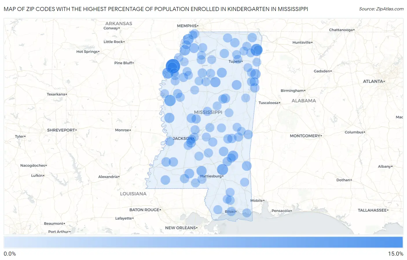Zip Codes with the Highest Percentage of Population Enrolled in Kindergarten in Mississippi Map