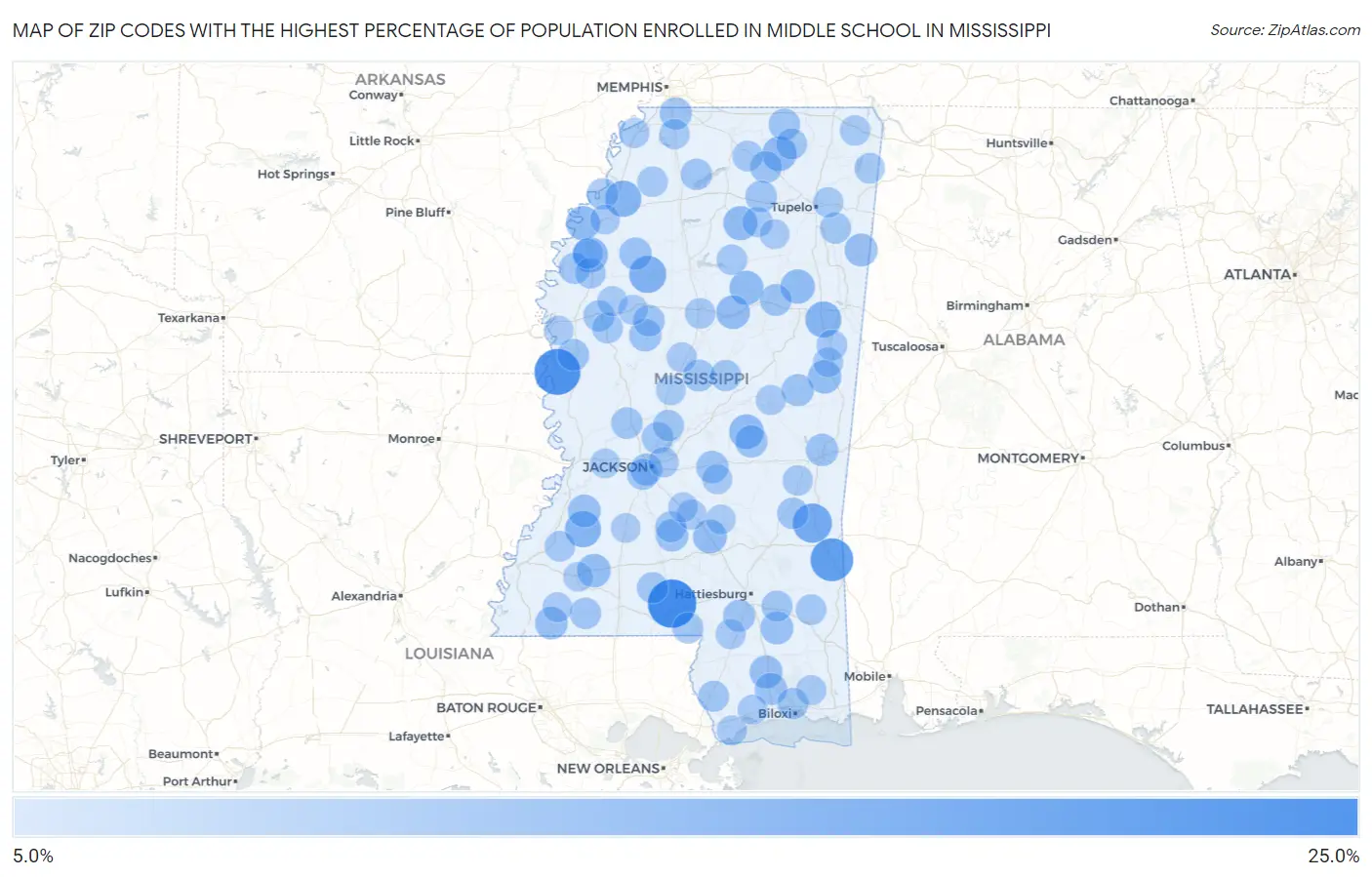 Zip Codes with the Highest Percentage of Population Enrolled in Middle School in Mississippi Map