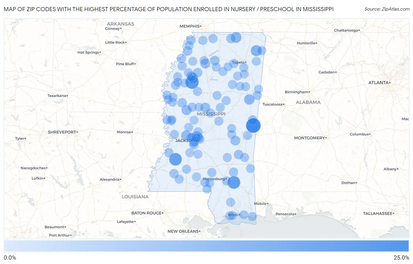 Zip Codes with the Highest Percentage of Population Enrolled in Nursery / Preschool in Mississippi Map