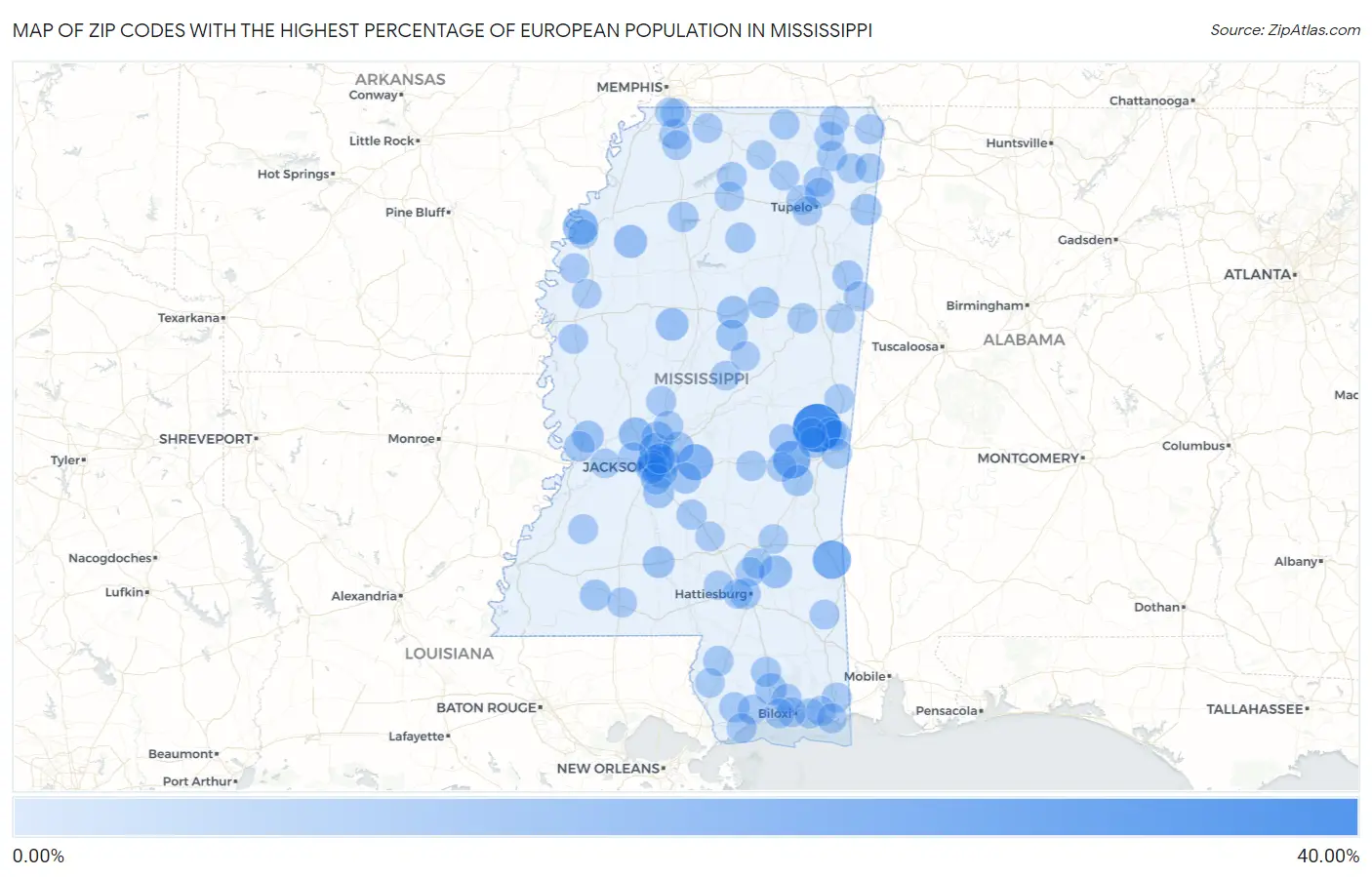 Zip Codes with the Highest Percentage of European Population in Mississippi Map