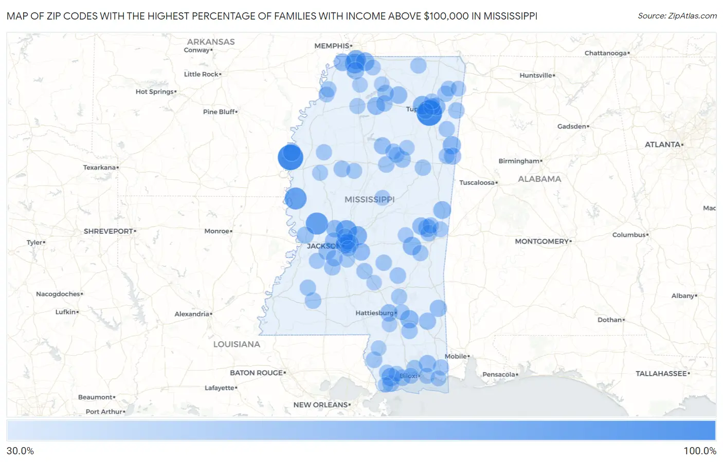 Zip Codes with the Highest Percentage of Families with Income Above $100,000 in Mississippi Map