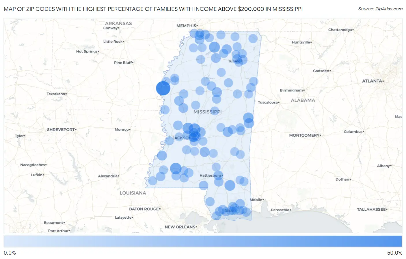 Zip Codes with the Highest Percentage of Families with Income Above $200,000 in Mississippi Map
