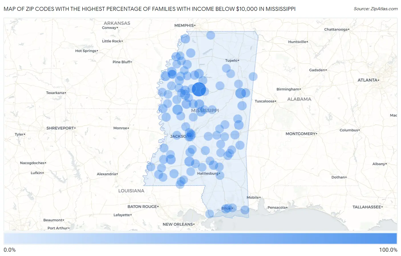 Zip Codes with the Highest Percentage of Families with Income Below $10,000 in Mississippi Map