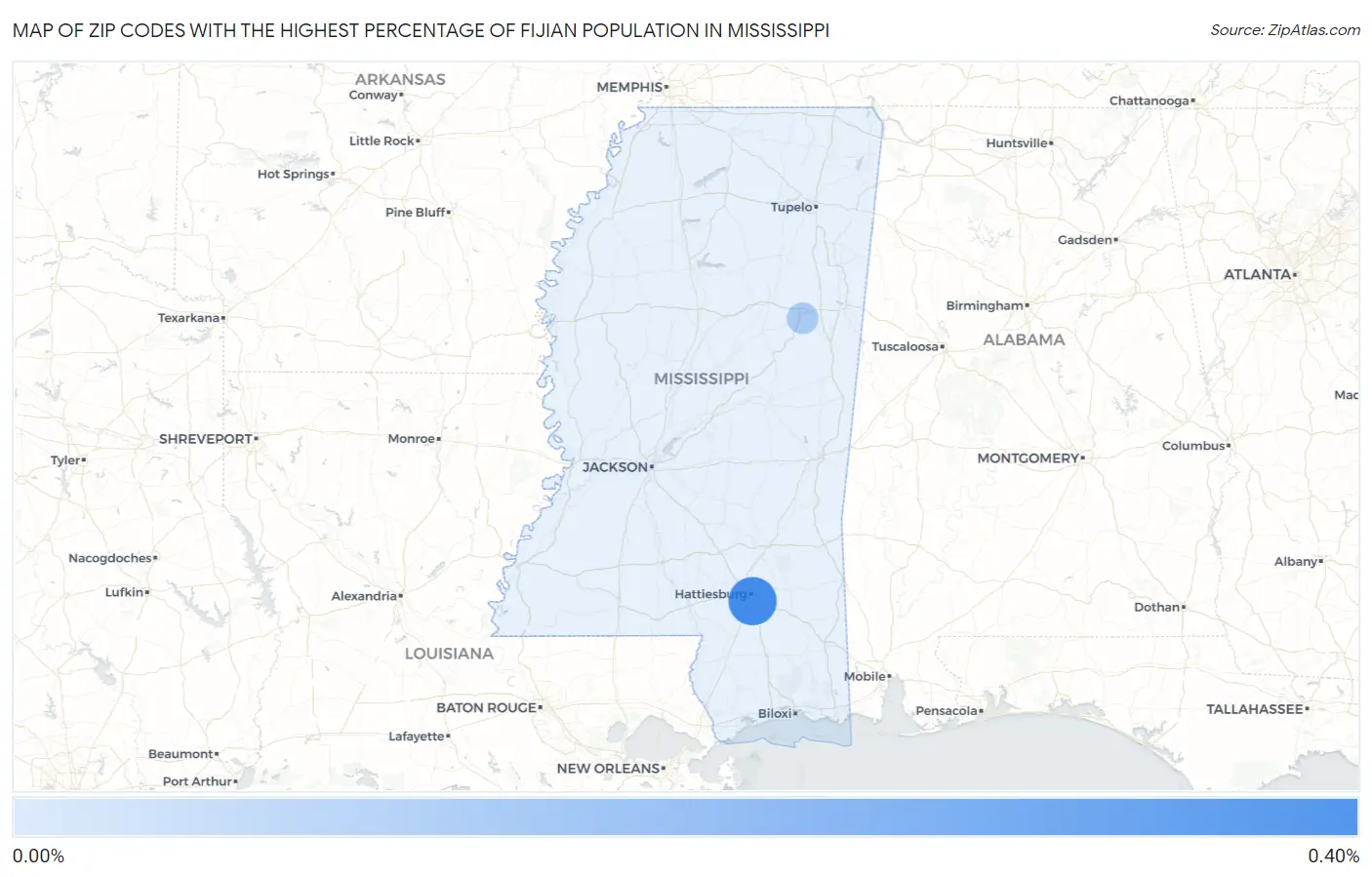 Zip Codes with the Highest Percentage of Fijian Population in Mississippi Map