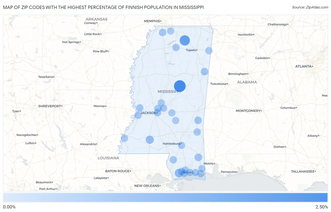 Zip Codes with the Highest Percentage of Finnish Population in Mississippi Map