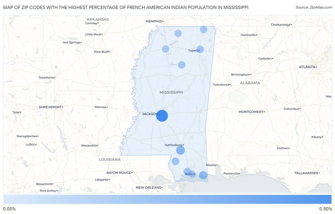 Zip Codes with the Highest Percentage of French American Indian Population in Mississippi Map