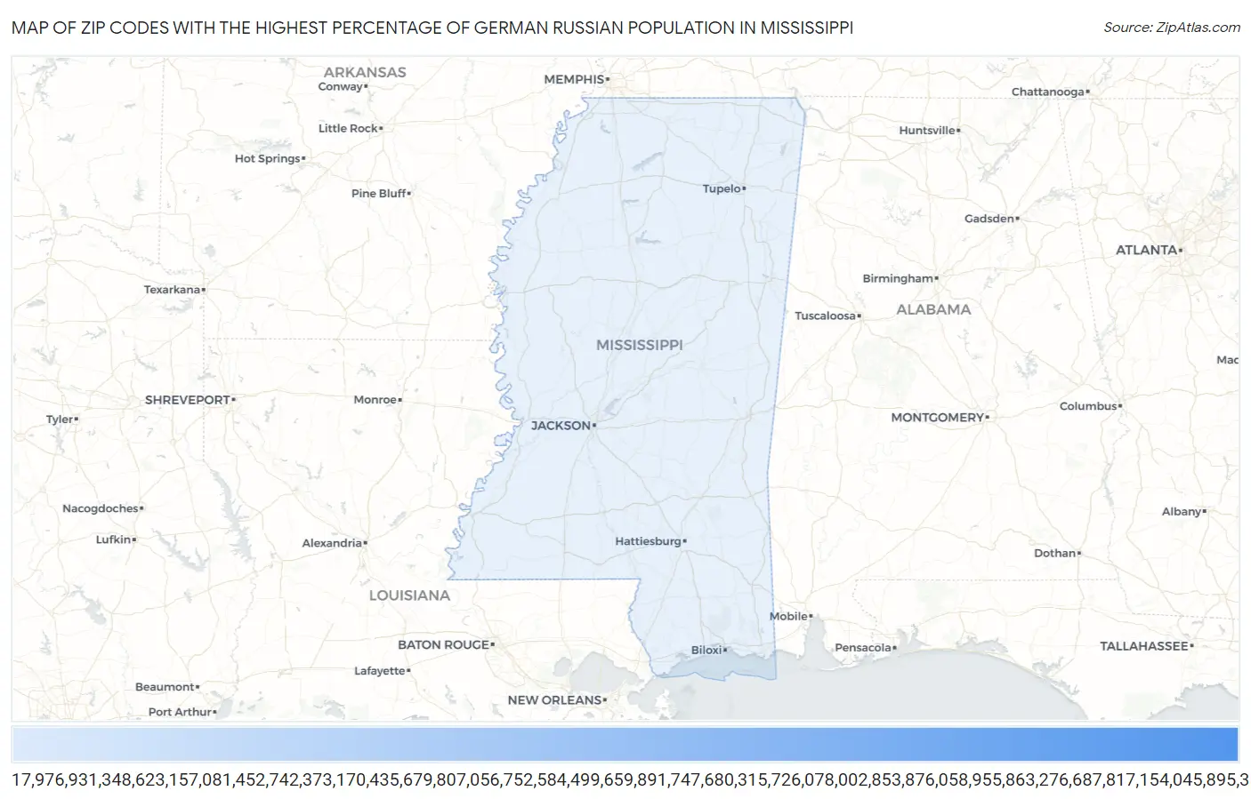 Zip Codes with the Highest Percentage of German Russian Population in Mississippi Map