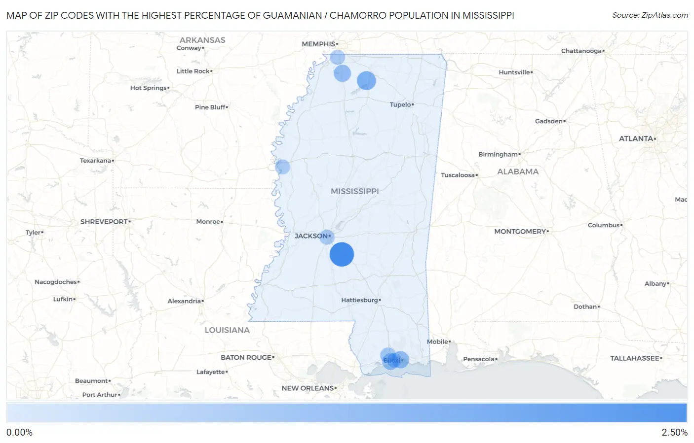 Zip Codes with the Highest Percentage of Guamanian / Chamorro Population in Mississippi Map