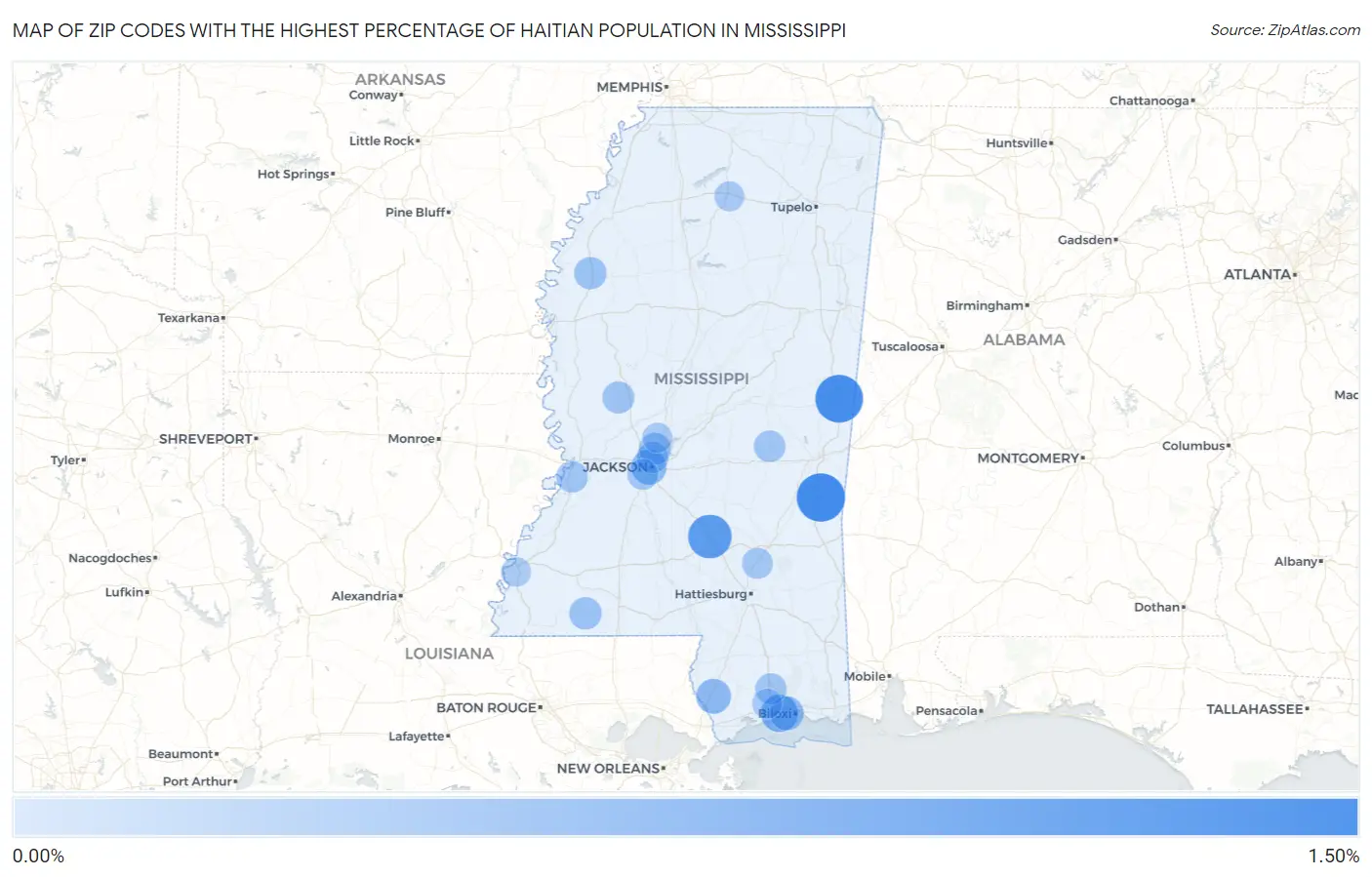 Zip Codes with the Highest Percentage of Haitian Population in Mississippi Map