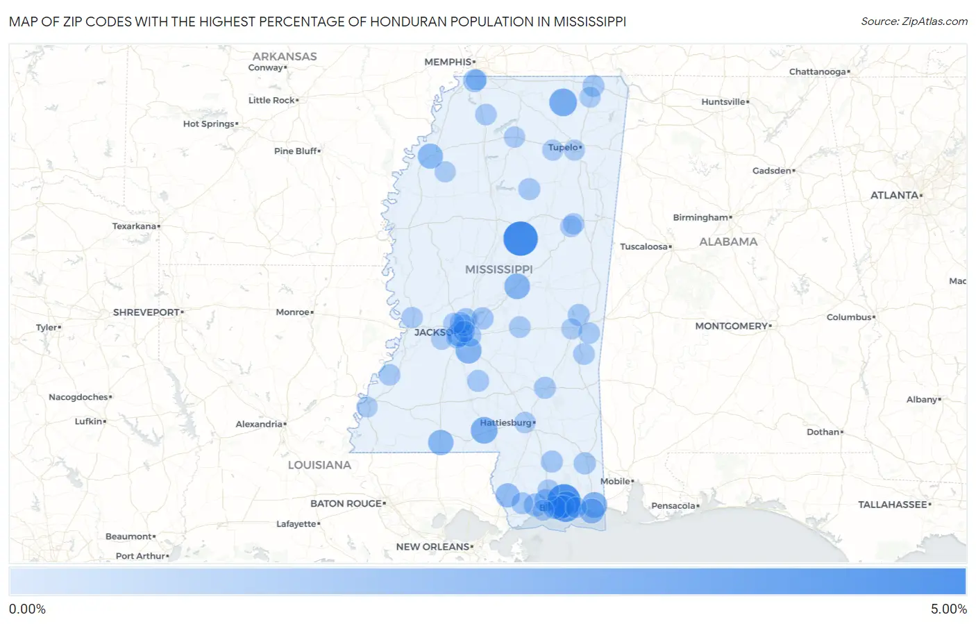 Zip Codes with the Highest Percentage of Honduran Population in Mississippi Map