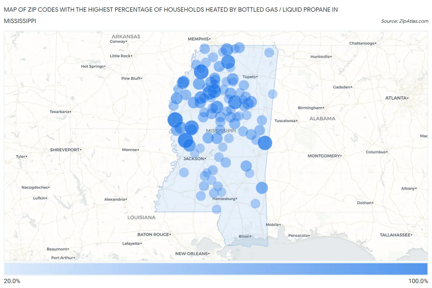 Zip Codes with the Highest Percentage of Households Heated by Bottled Gas / Liquid Propane in Mississippi Map