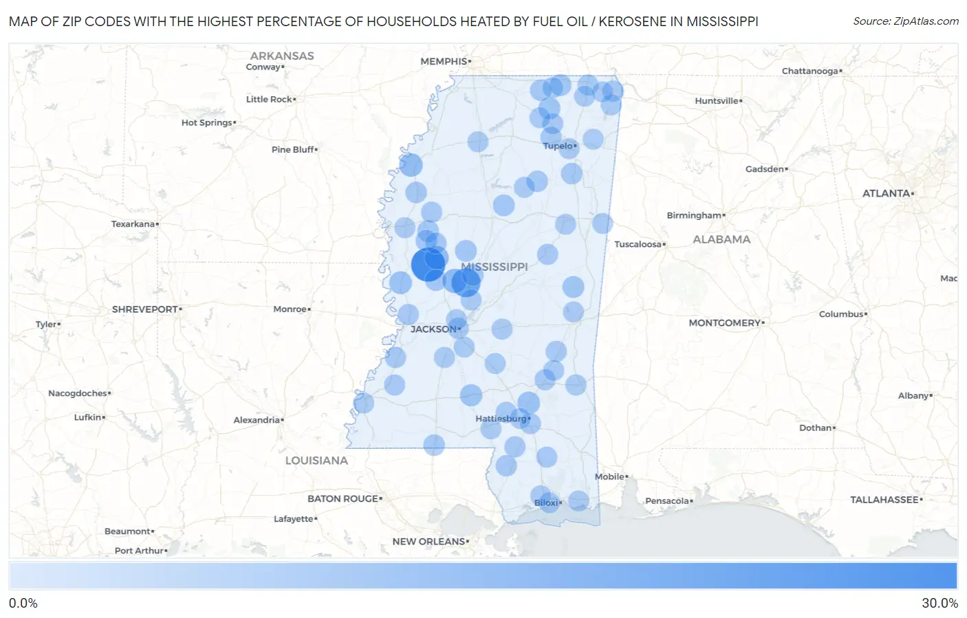 Zip Codes with the Highest Percentage of Households Heated by Fuel Oil / Kerosene in Mississippi Map