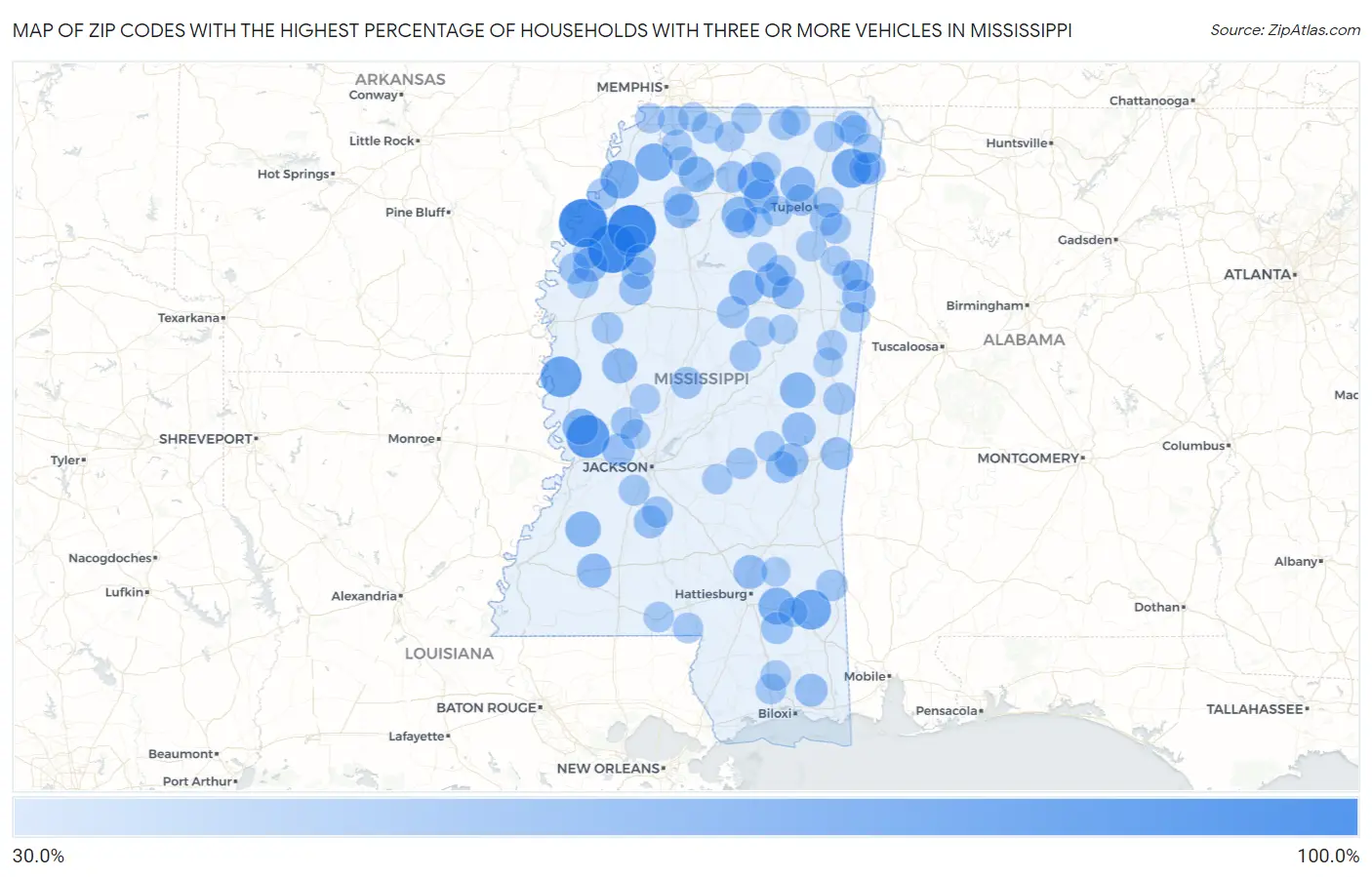 Zip Codes with the Highest Percentage of Households With Three or more Vehicles in Mississippi Map