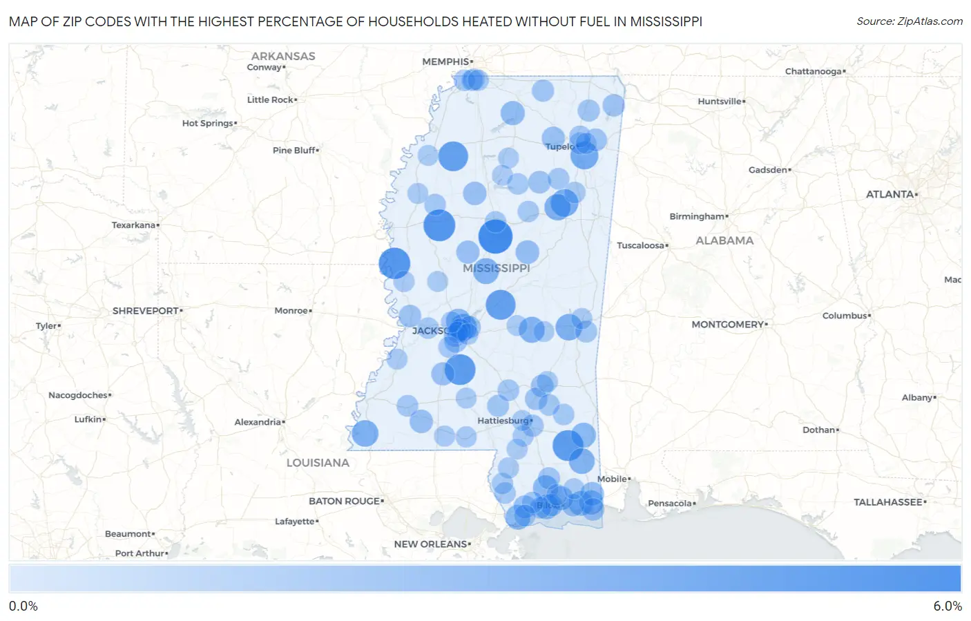 Zip Codes with the Highest Percentage of Households Heated without Fuel in Mississippi Map