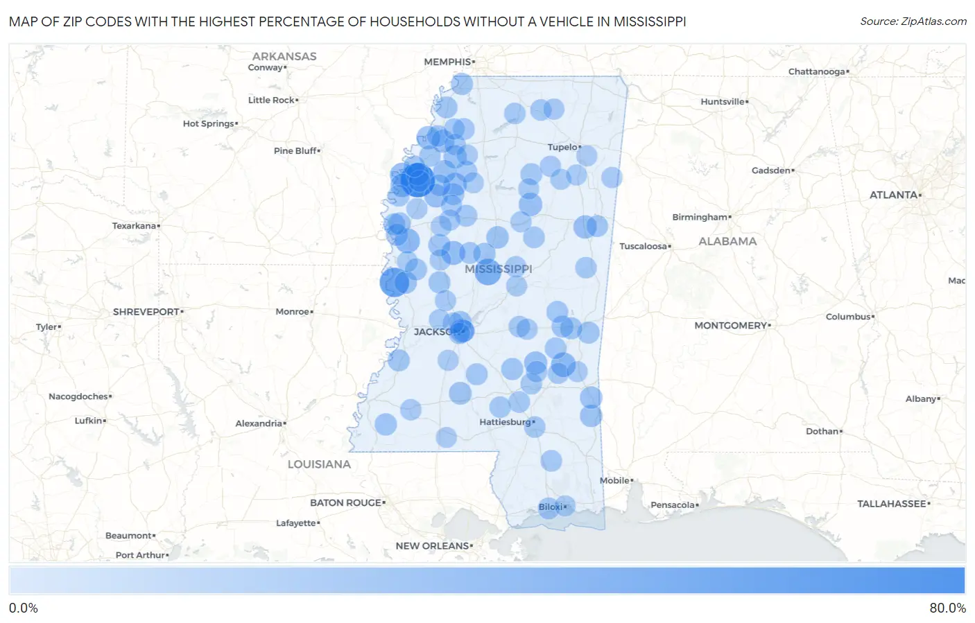 Zip Codes with the Highest Percentage of Households Without a Vehicle in Mississippi Map