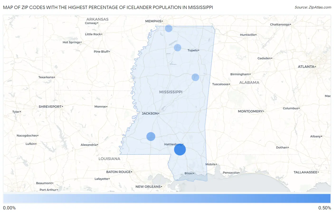 Zip Codes with the Highest Percentage of Icelander Population in Mississippi Map
