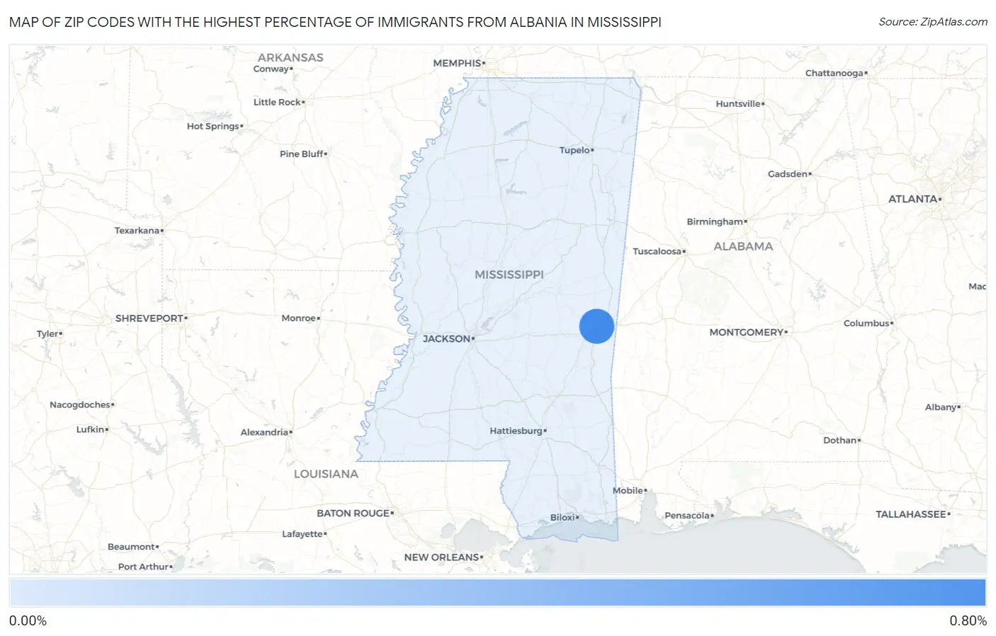 Zip Codes with the Highest Percentage of Immigrants from Albania in Mississippi Map