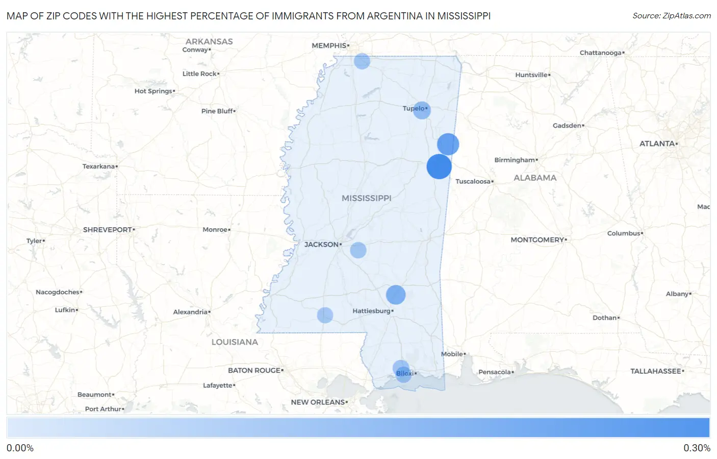 Zip Codes with the Highest Percentage of Immigrants from Argentina in Mississippi Map