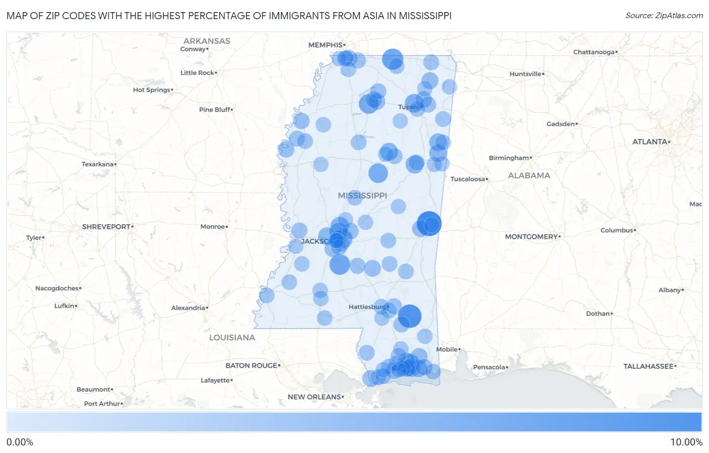 Zip Codes with the Highest Percentage of Immigrants from Asia in Mississippi Map